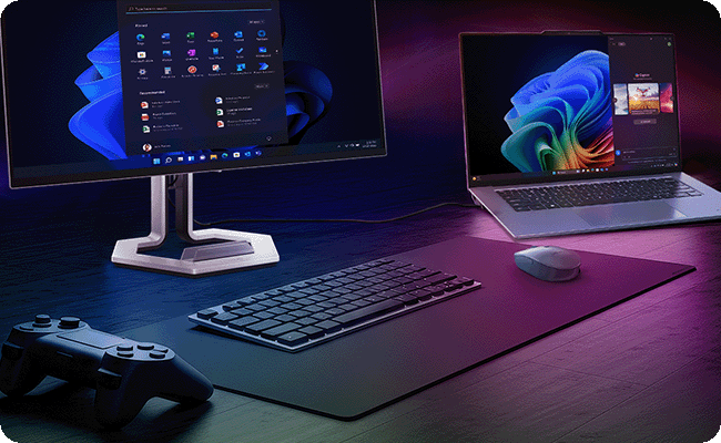 Image shows a complete set of PC gaming equipment on the desk connected to the monitor, demonstrating the monitor’s USB-C one-cable solution function. מסך מחשב גיימינג 26.5 Legion Pro 27UD-10 מבית Lenovo