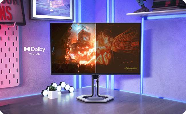 The front view of the monitor with picture of the video game as screen-fill showcase the Dolby Vision&reg; and VESA Certified DisplayHDR&trade; True Black 400 function convey Lifelike immersion.