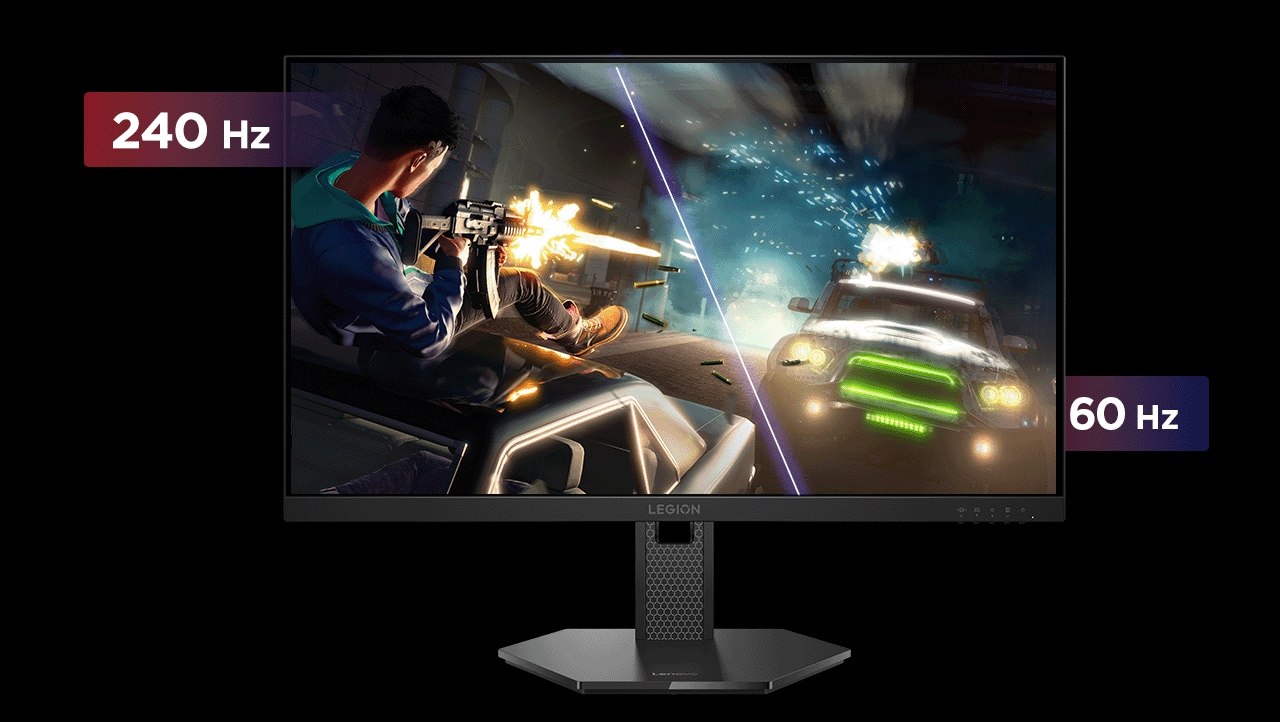 The front view of the monitor with the shooting and racing game's screen-fill picture shows the different with 240Hz and 60Hz.