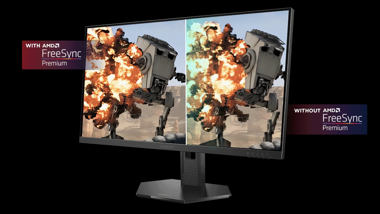 A three-quarter side view of the monitor, showing a full-screen gaming image, illustrates the difference in display quality with and without AMD FreeSync Premium.