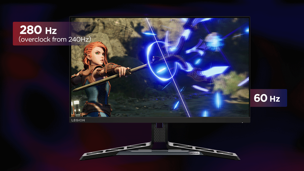 A front view of the monitor with the gaming screen-fill picture compares the different between 280 Hz refresh rate and 60Hz refresh rate.
