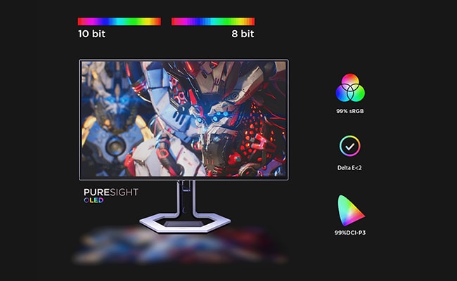 The front view of the Legion Pro27q-10 monitor, displaying a vibrant full-screen image, highlights the exceptional color rendering capabilities of its PureSight OLED technology. מסך מחשב גיימינג Legion Pro 27Q-10&nbsp;מבית&nbsp;Lenovo
