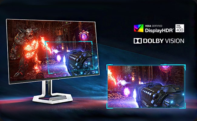 Three-quarter view of the Legion Pro27q-10 monitor, displaying a high-contrast shooting game scene that vividly demonstrates its rich detail, true-to-life image reproduction, and outstanding contrast performance. מסך מחשב גיימינג Legion Pro 27Q-10&nbsp;מבית&nbsp;Lenovo