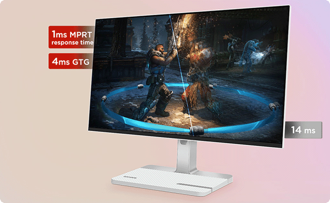 The monitor displays an action-packed video game scene with vibrant graphics, highlighting the difference between 4ms GTG with 1ms MPRT, and 14ms response times.