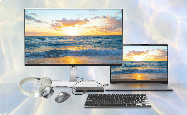 A laptop, keyboard, mouse, headphone are connected to the l24d-4c monitor, showcasing a multi-device workspace setup.