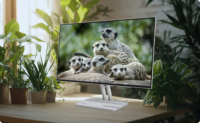 จอภาพ Lenovo ตั้งอยู่บนโต๊ะไม้ ล้อมรอบด้วยต้นไม้ในกระถางสีเขียวชอุ่มแสงธรรมชาติที่อ่อนโยนช่วยสร้างฉากที่สดใสและพื้นที่ทำงานที่ดูสบายตา