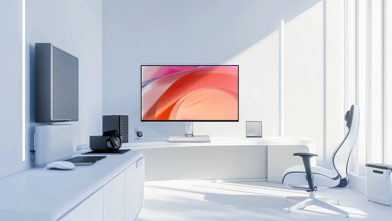 A modern, clean room with gray and white tones displays the 6.9mm ultra-thin L27-4C monitor.