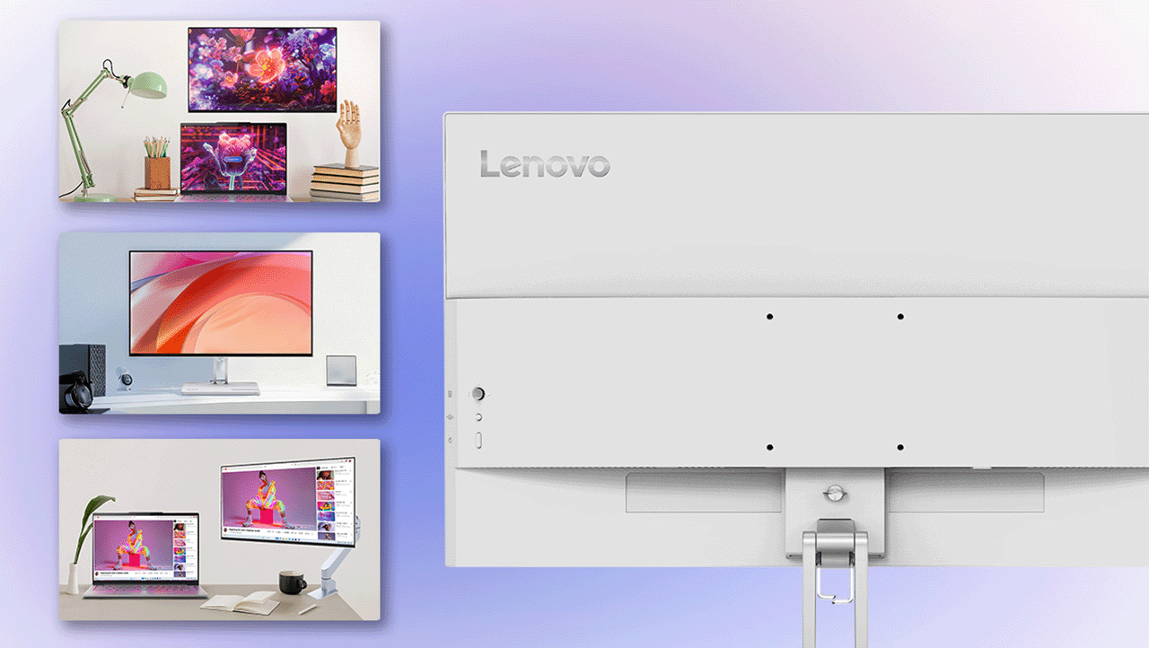 The image showcases three different ways to position the monitor: wall mounting, monitor arms, and desk mounts.