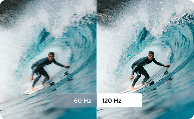 Side-by-side comparison of a surfer riding a wave, showing image clarity difference between 60 Hz (left, blurrier) and 120 Hz (right, sharper).