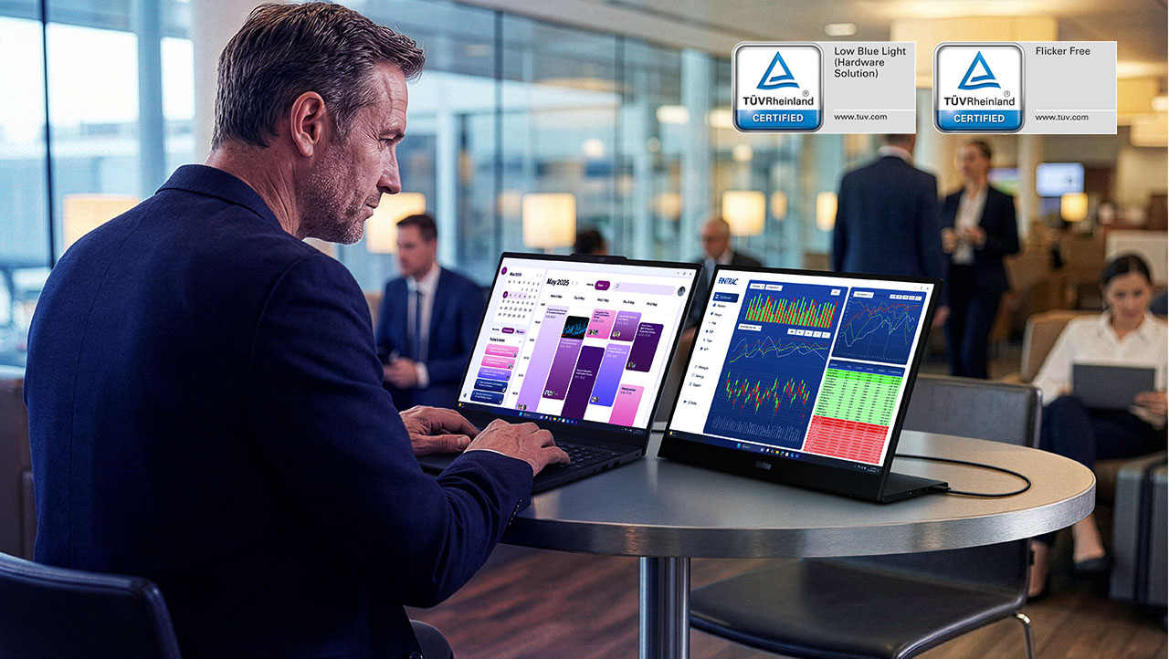 A man sits at a circular table in a modern office space, using a dual-screen laptop displaying colorful graphs and charts. The atmosphere is focused.