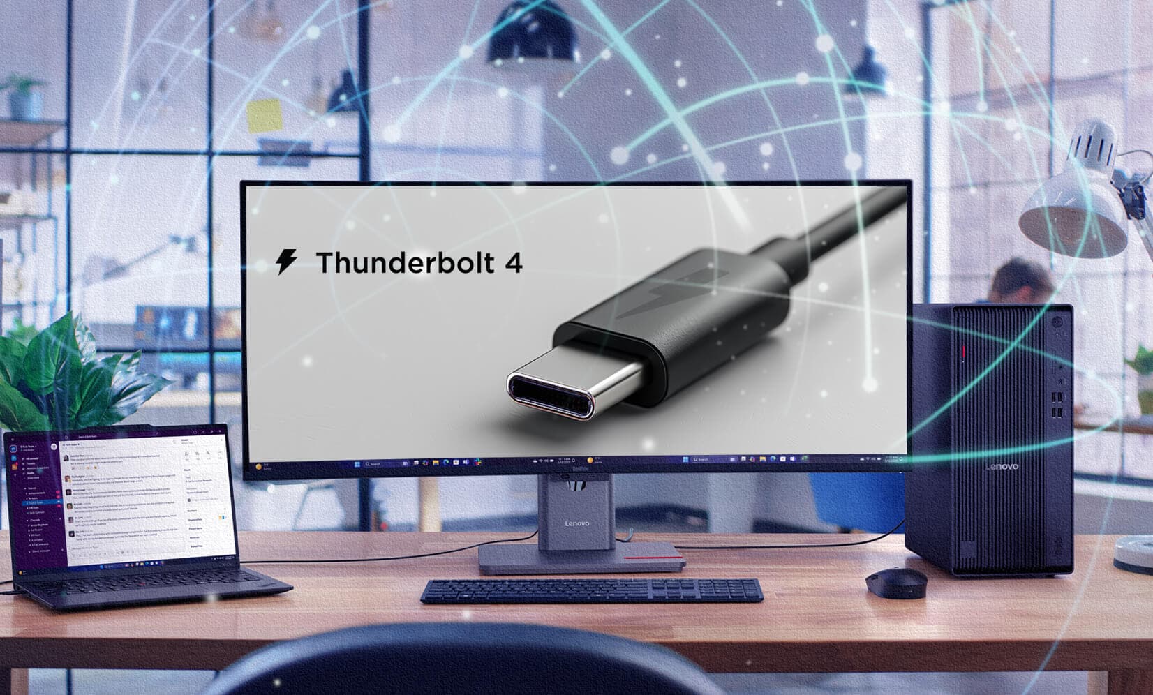 ThinkVision P40wd-40 Monitor with thunderbolt 4, enabling fast connectivity, shown in office setup with laptop and desktop, for efficient multitasking.