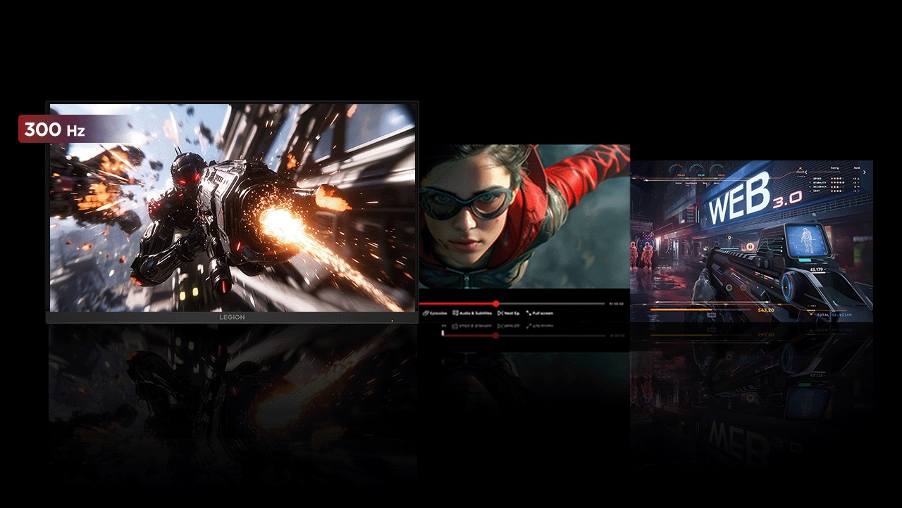 A monitor displaying multiple game scenes side by side highlights the clarity and smoothness delivered by a 300Hz refresh rate. מסך מחשב גיימינג Legion 27Q-11 מבית Lenovo