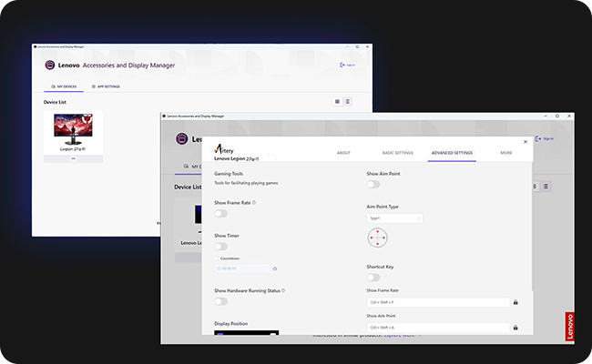 Screenshot image of the user interface of the Legion Space and Lenovo Artery software. מסך מחשב גיימינג Legion 27Q-11 מבית Lenovo