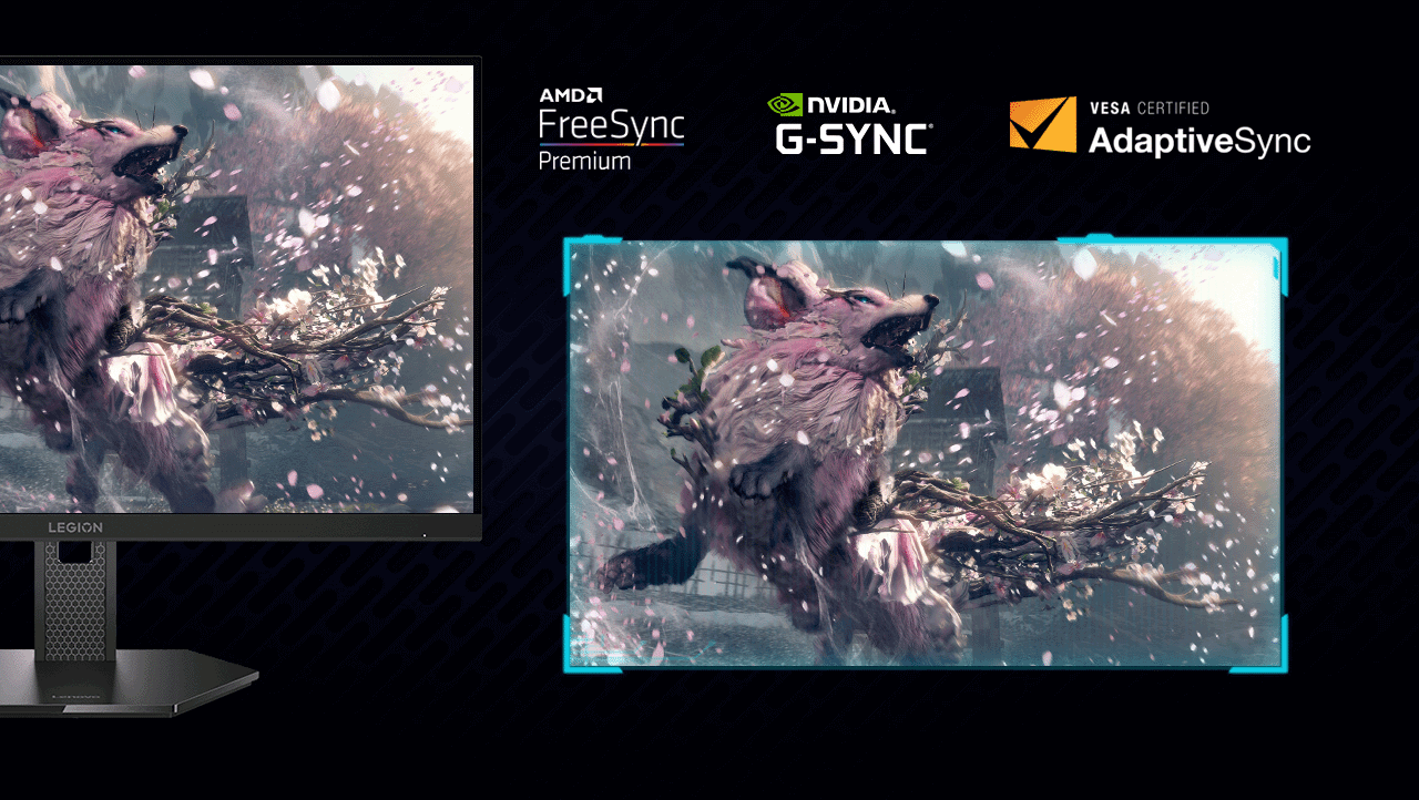 A sleek legion-27qd-10 gaming monitor featuring a striking wolf design, emphasizing high-resolution visuals and dynamic gaming experience. מסך מחשב גיימינג Legion 27QD-10 מבית Lenovo