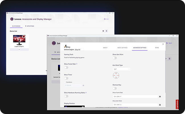 Screenshot image of the user interface of the Legion Space and Lenovo Artery software. מסך מחשב גיימינג Legion 27QD-10 מבית Lenovo