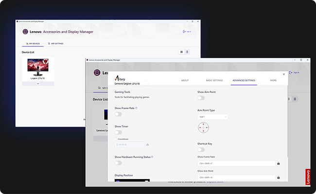 User interface image of the Legion Space and Lenovo Artery  (Lenovo Accessories and Display Manager)* software.