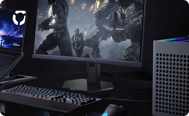 A complete set of desktop electronic game equipment, demonstrating the multi-device connection function of the Legion monitor. מסך מחשב גיימינג Legion 25-10 מבית Lenovo
