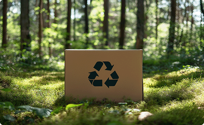 Picture shows a cardboard box was placed in the forest environment, demonstrating the environmentally friendly feature of Lenovo's product packaging מסך מחשב L22-4e מבית Lenovo