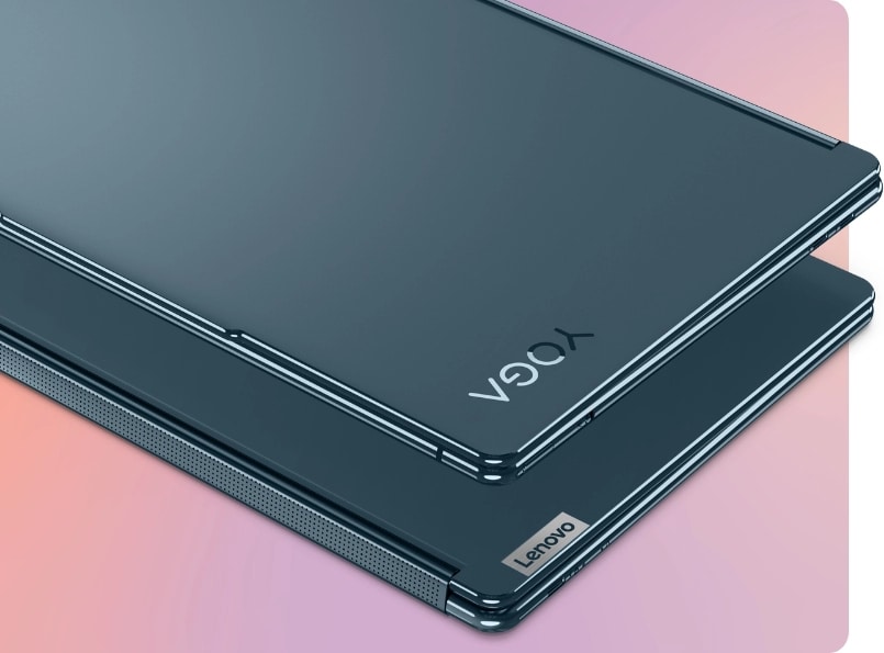 Детайлен близък план на Lenovo Yoga 9i, който показва панта и скосени ръбове