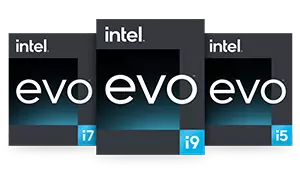 Three Intel Evo square logos in black, grey, white, and aqua.
