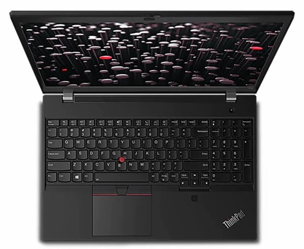 Overhead shot of Lenovo ThinkPad T15p Gen 2 mobile workstation focusing on full-sized keyboard with numeric pad.