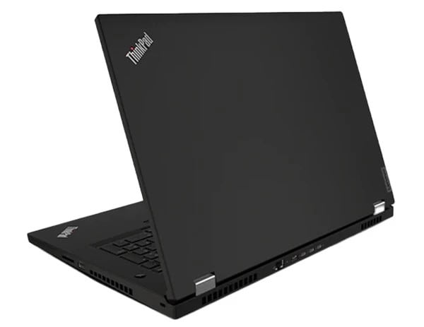 Une station de travail portable ThinkPad P17 Gen 2, ouverte à 75 degrés et vue à un angle élevé depuis la droite arrière, montrant le couvercle supérieur et les ports droits et arrière.