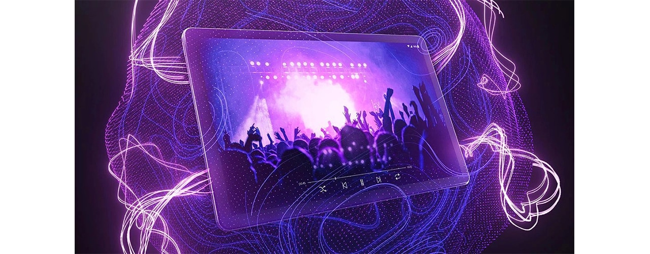 Tableta Lenovo Tab P11 Plus: vista frontal con escena de concierto en la pantalla y gráficos de ondas de sonido que rodean la tableta
