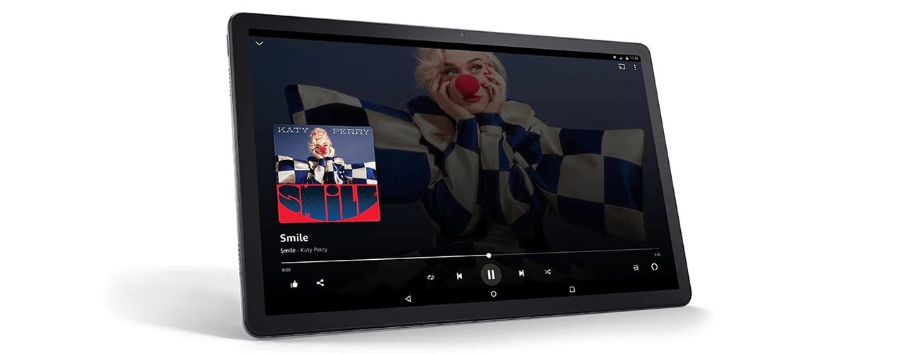Tablette Lenovo P11 Plus vue avant avec commandes musicales et images du « Smile » de Katy Perry sur l’écran