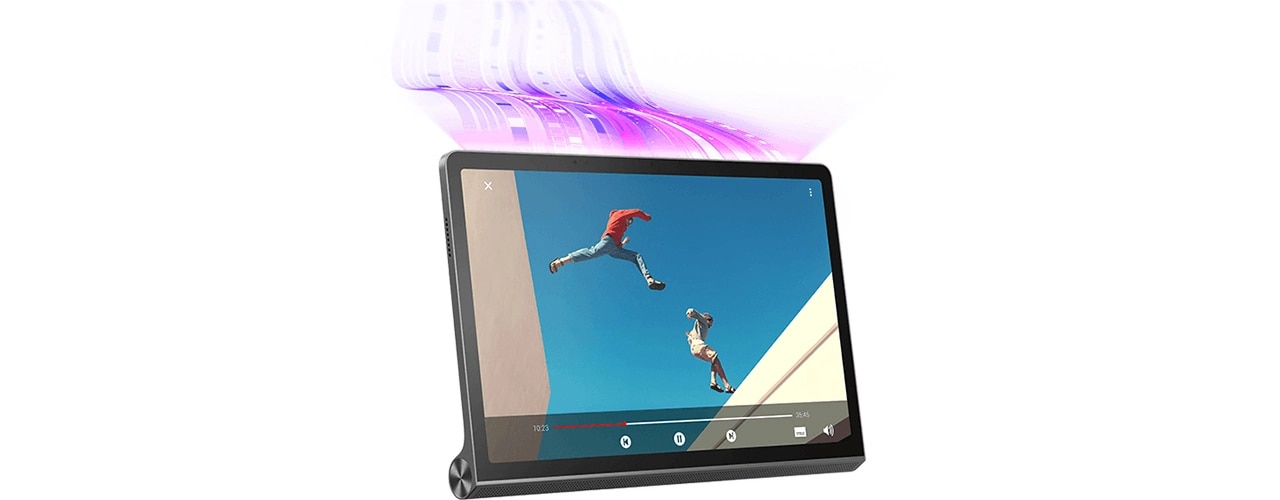Lenovo Yoga Tab 11 tablet—front view, propped up, with video of two people leaping between rooftops on the display, with audiovisual graphics superimposed above the top of the tablet