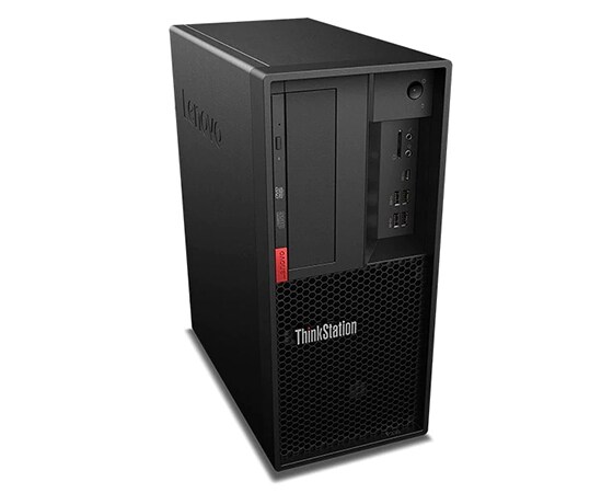 Lenovo ThinkStation P330 Tower, front left side high angle view.
