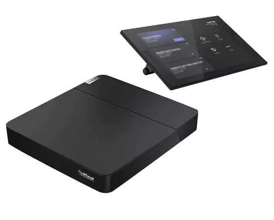 Lenovo ThinkSmart Core + Controller Kit t for Microsoft Teams with Core computing device in foreground and 10.1 inch Controller display in rear.