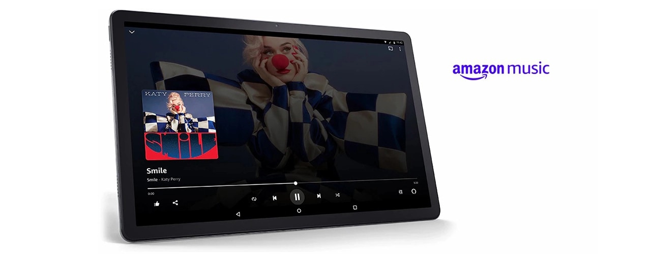 Front view of Lenovo Tab P11 tablet highlighting Amazon music