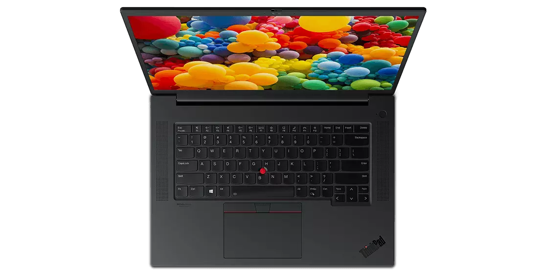 Overhead shot of Lenovo ThinkPad P1 Gen 4 mobile workstation keyboard with display, open 90 degrees