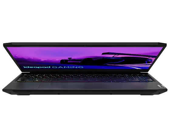 Lenovo IdeaPad Gaming 3i Gen 6 (15” Intel) laptop—front view with lid partially open and image of racecar on the display
