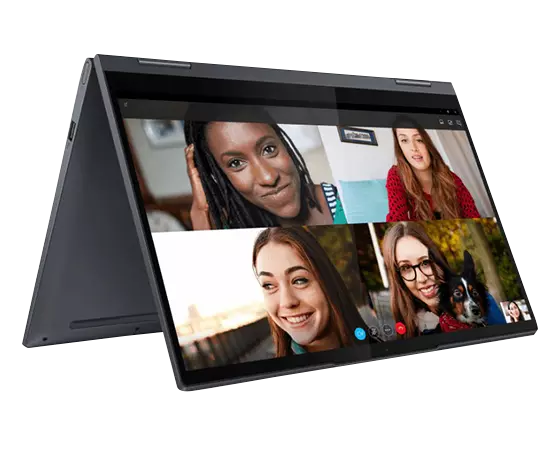 Lenovo Yoga 7 (14'' AMD), open in tent mode, showing FHD display.