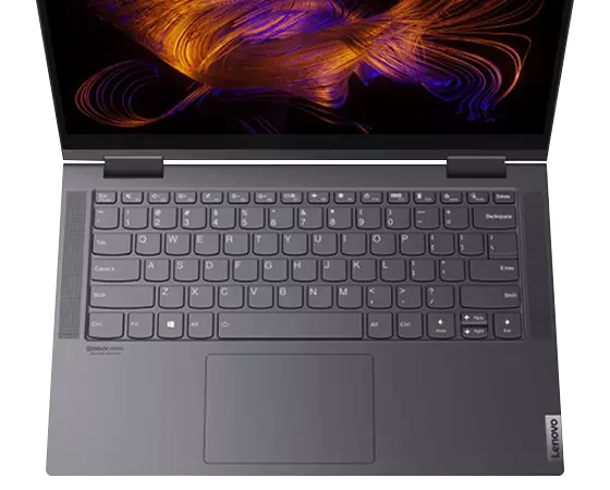 Vista desde arriba del Lenovo Yoga 7 (35,56 cm (14''), AMD) en que se muestra el teclado FHD y el panel táctil.
