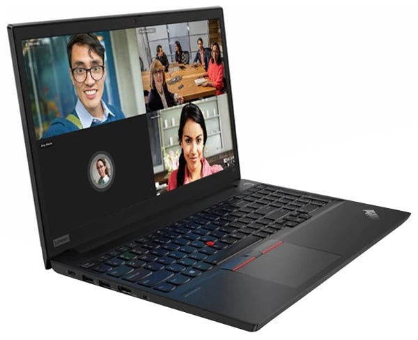 A ThinkPad E15 opened and on a flat surface, showing a video conference in action