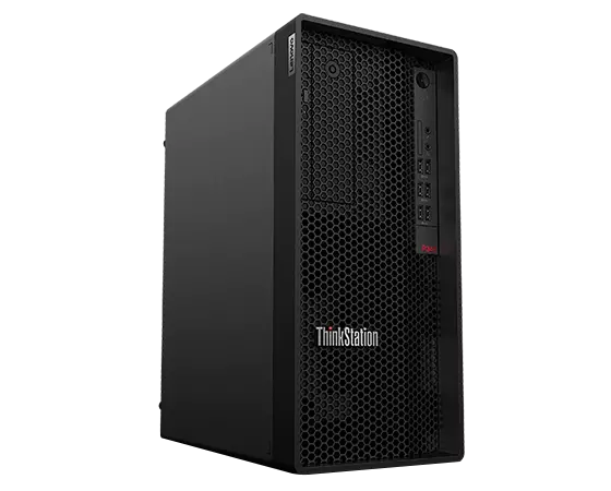 Front facing Lenovo ThinkStation P348 Tower workstation, slightly angled to show left side.