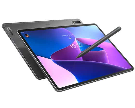 The Lenovo Tab P12 Pro, resting horizontally on its bottom edge and viewed from the front-left corner, with the Lenovo Precision Pen 3 positioned as if writing on the screen.