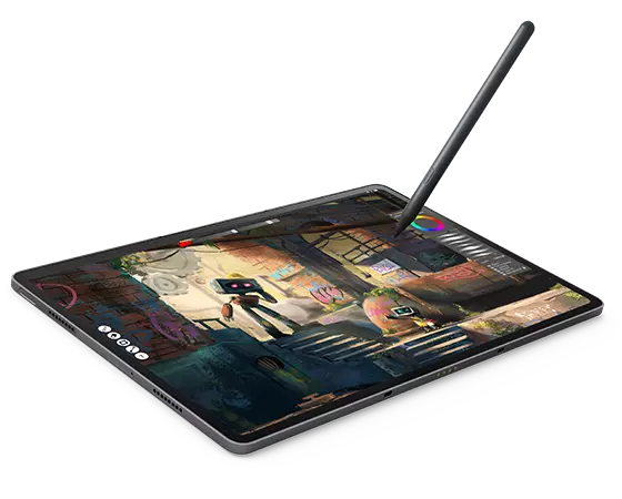 The Lenovo Tab P12 Pro sits flat, viewed from the front-left, with the Lenovo Precision Pen 3 shown as if writing on the screen.