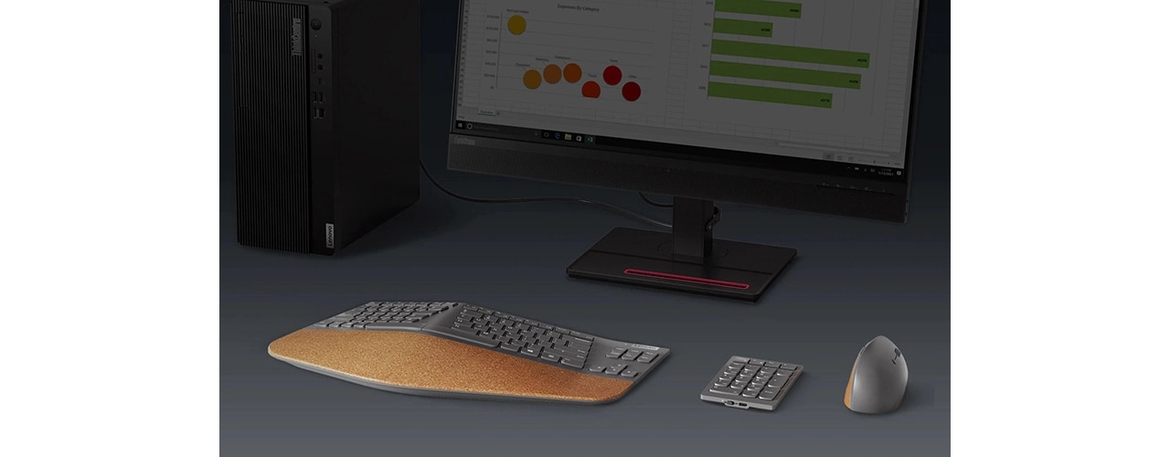Lenovo Go Wireless Split Keyboard on a desk with other Lenovo Go products