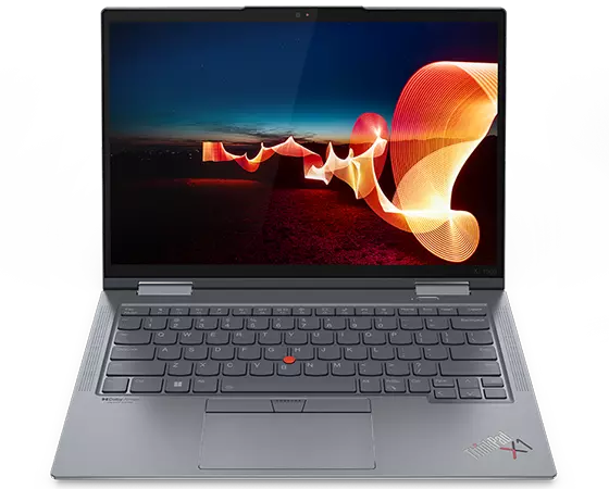 Lenovo ThinkPad X1 Yoga Gen 7 2-in-1 laptop open 90 degrees showing keyboard, display, and left-side ports.