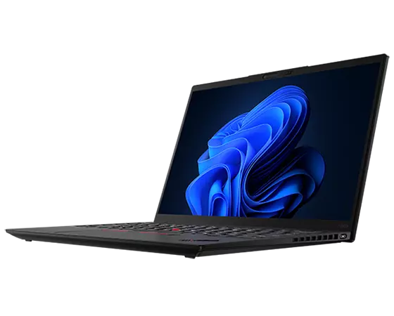 Lenovo ThinkPad X1 Nano in laptop mode, showing blue swirling shapes on the display.