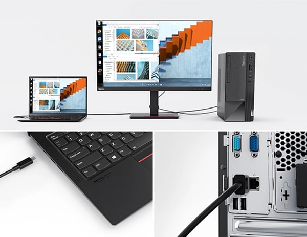  ThinkCentre Neo 50t laptop, monitor, tower, left corner of keyboard, ports