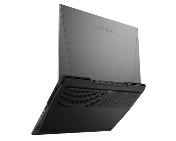 Vue latérale du dessus et de l’arrière du portable de jeux Lenovo Legion 5i Pro Gen 7 (16 » Intel), ouvert