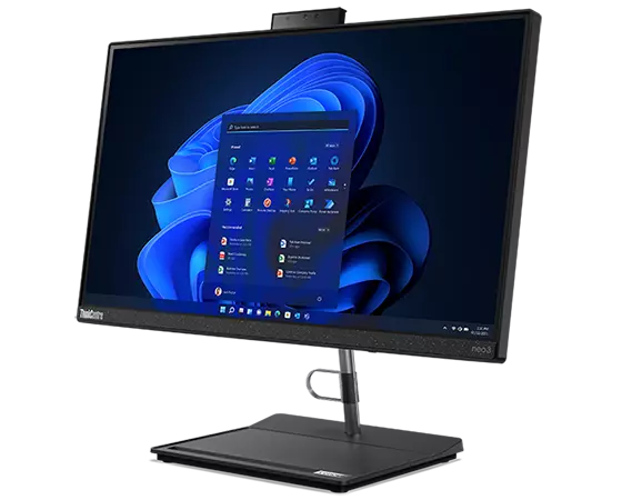 Front facing Lenovo ThinkCentre Neo 30a (22'' Intel) angled to show right side, Display with Windows 11, and stand