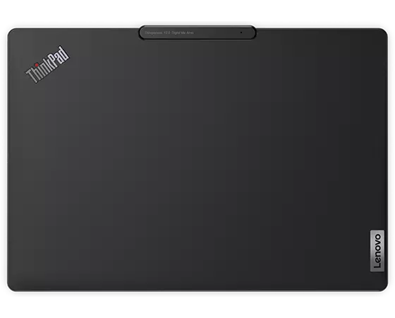 Top cover of Lenovo ThinkPad X13s laptop in Thunder Black, made of certified 90% recycled magnesium. 