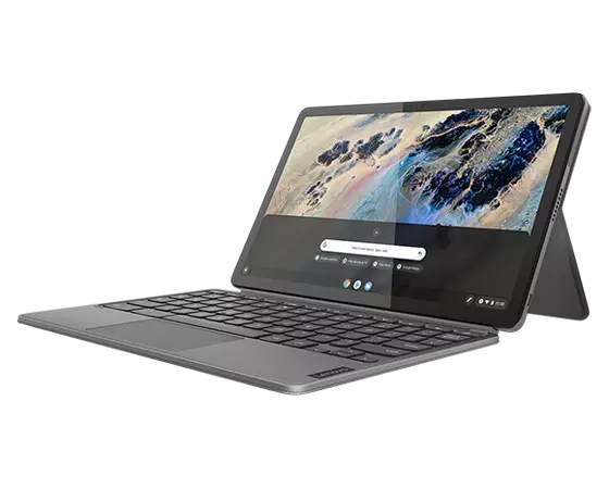 Vue latérale à droite du Chromebook IdeaPad Duet 3 de 11 po en mode portable, montrant le clavier, l’écran et le support de l’étui.