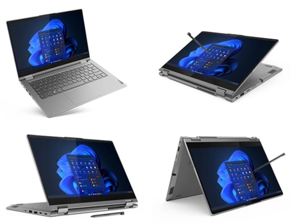 The multiple usage modes of a 2-in-1laptop tablet tent and standare illustrated in this combo image of four mineral grey ThinkBook 14s Yoga Gen 2 models