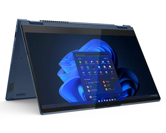 Un portable convertible ThinkBook 14s de 2e génération bleu abîme affiché en mode tente parfait pour travailler en groupe ou pour la diffusion vidéo de loisirs.